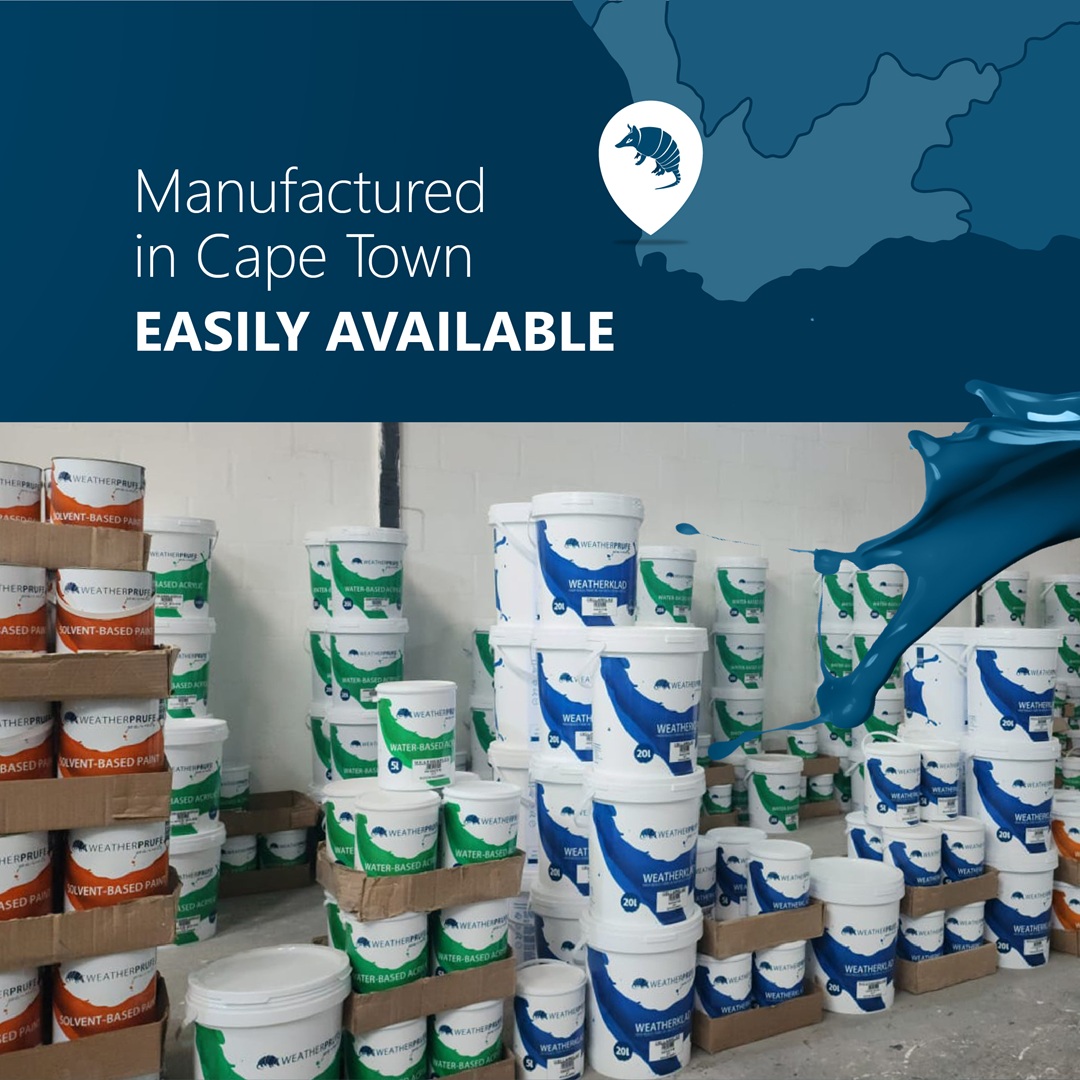 Paint shop Tableview WeatherPrufe outdoor display of waterproof paint buckets and coatings.